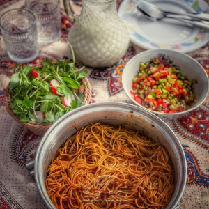 ماکارانی با سالاد شیرازی و دوغ | بالسی