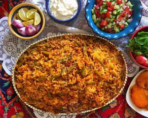 لوبیا پلو، سالاد شیرازی، ماست و مخلفات